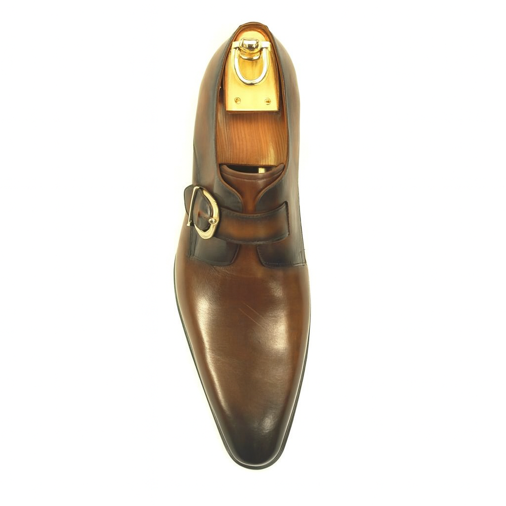Mens Carrucci Classic Leather Fade Single D-Buckle Monk Strap Dress Shoe in Chestnut - 7