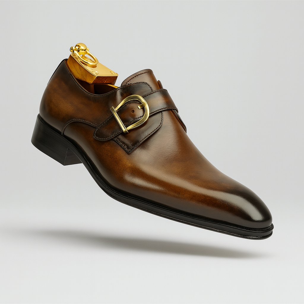 Mens Carrucci Classic Leather Fade Single D-Buckle Monk Strap Dress Shoe in Chestnut - 7