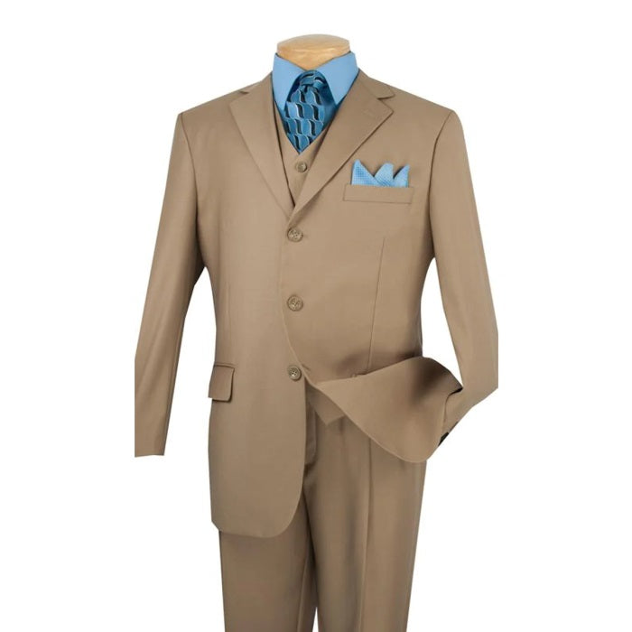 Mens Classic 3 Button Vested Dress Suit in Tan