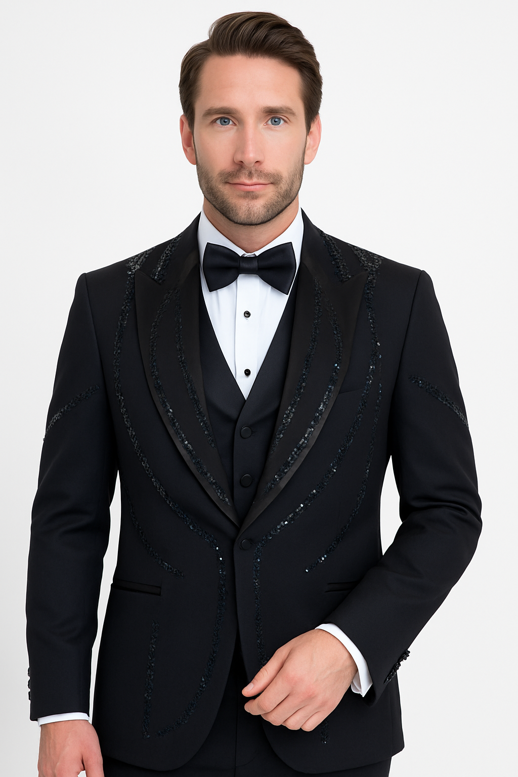 Black Italian Wool 3-Piece Modern Fit Tuxedo - 34 Short or Extra Small
