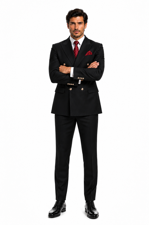 Mens Classic Wool Double Breasted Suit in Black - New Arrival