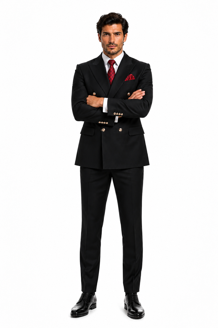 Mens Classic Wool Double Breasted Suit in Black - New Arrival