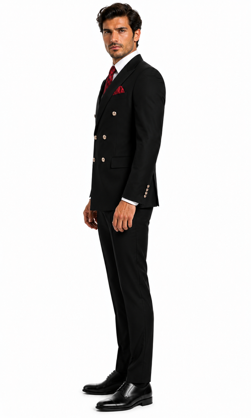Mens Classic Wool Double Breasted Suit in Black - New Arrival