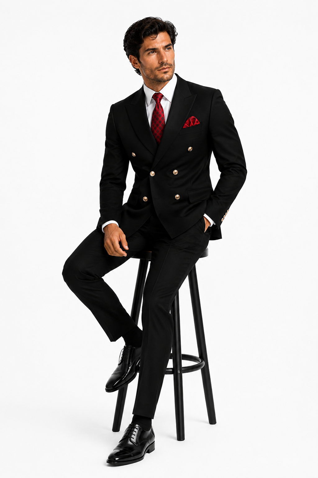 Mens Classic Wool Double Breasted Suit in Black - New Arrival