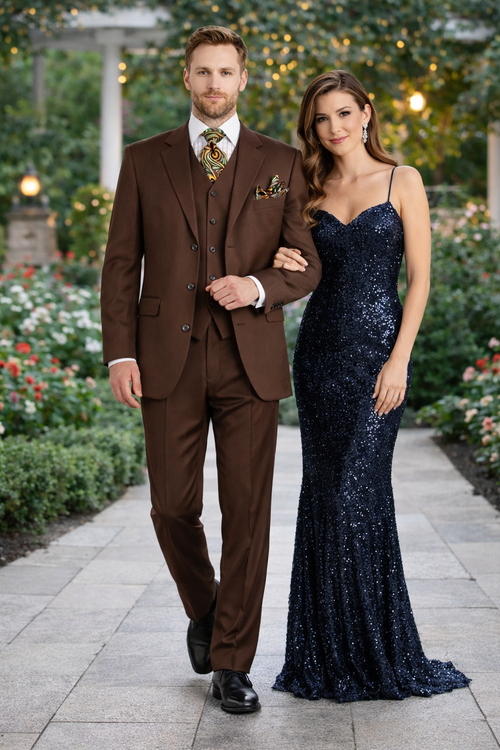 Mens Classic Fit 3 Button Vested Pant Suit in Coco Brown-New Designer Collection