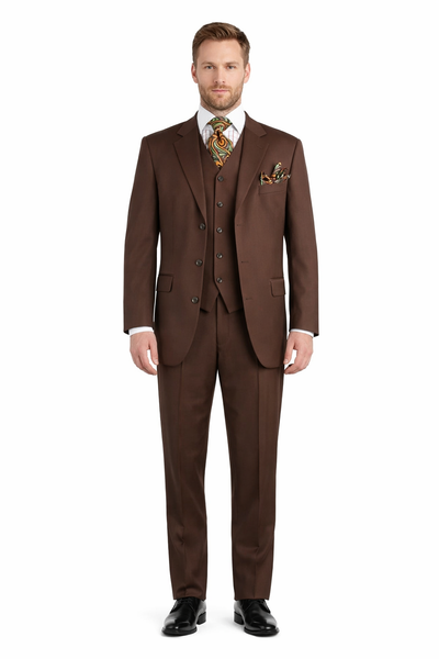 Mens Classic Fit 3 Button Vested Pant Suit in Coco Brown-New Designer Collection
