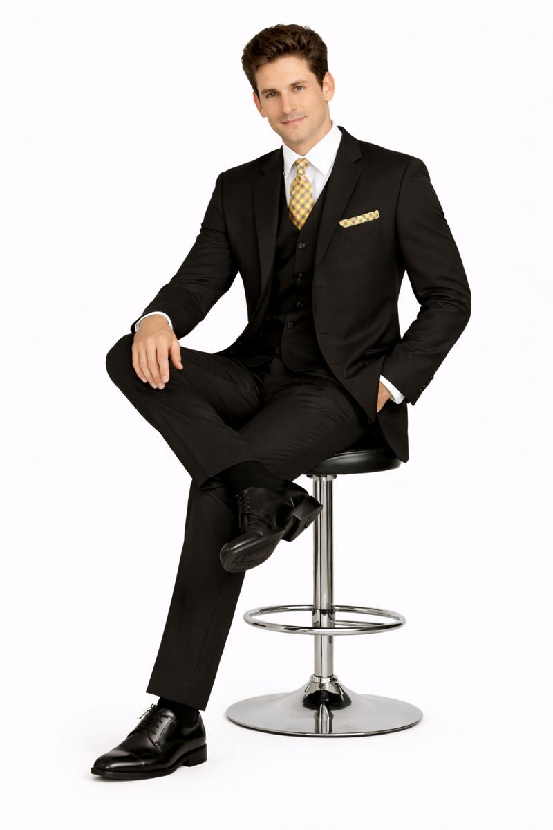 mens-classic-fit-3-button-vested-single-pleated-pant-suit-in-black-New Designer Collection - 34 Short