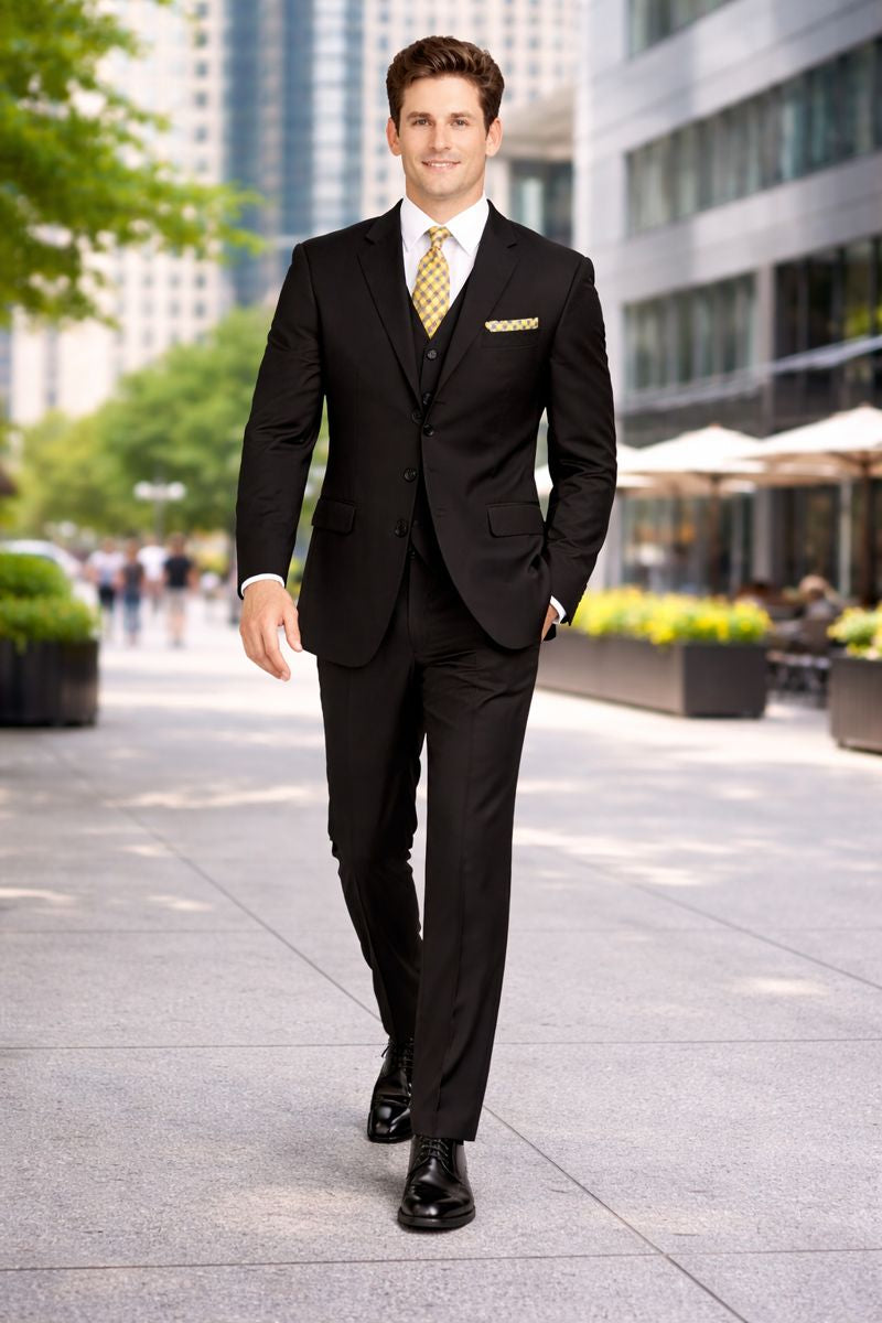 mens-classic-fit-3-button-vested-single-pleated-pant-suit-in-black-New Designer Collection - 34 Short