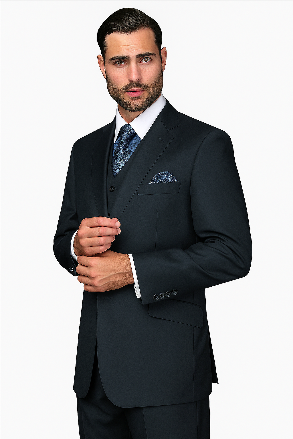 Mens Classic Fit Pleated Pant 2 Button Wool Suit in Indigo Blue - New Arrival - 38 Short Jacket+32 Waist Adjustable 28to34)(Height: 5 4 to5 7 )(Neck  15-16.5)S-M)