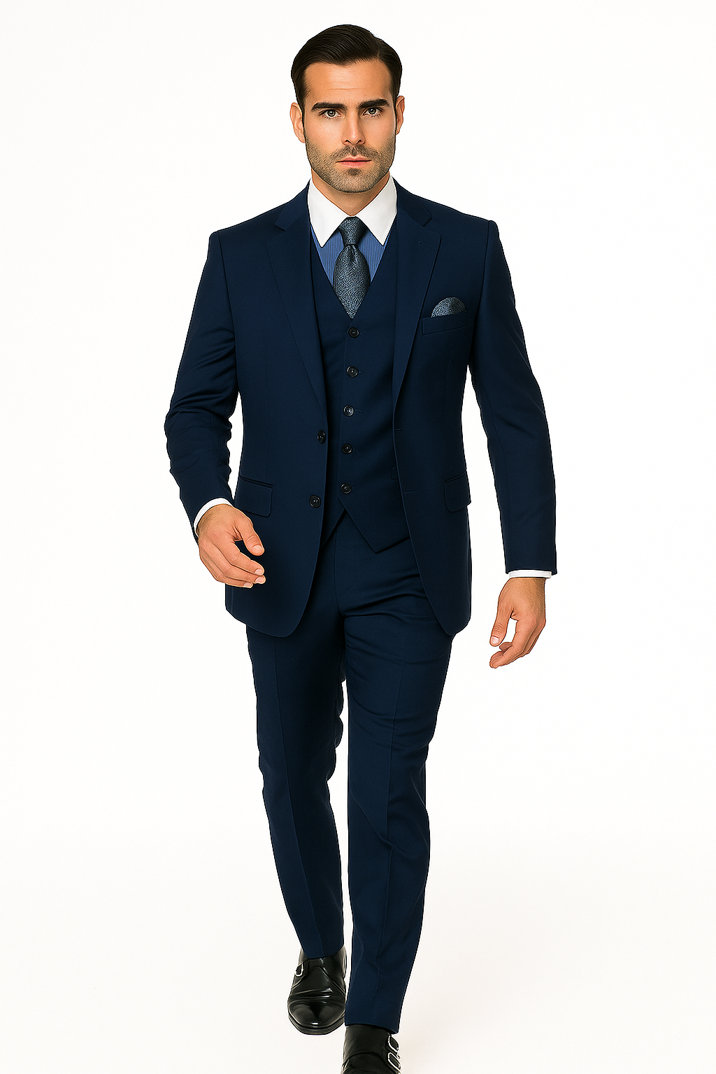 Mens Classic Fit Pleated Pant 2 Button Wool Suit in Indigo Blue - New Arrival - 38 Short Jacket+32 Waist Adjustable 28to34)(Height: 5 4 to5 7 )(Neck  15-16.5)S-M)