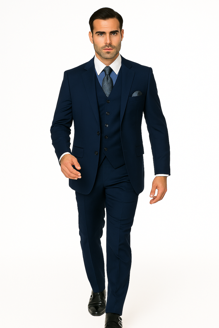 Mens Classic Fit Pleated Pant 2 Button Wool Suit in Indigo Blue - New Arrival