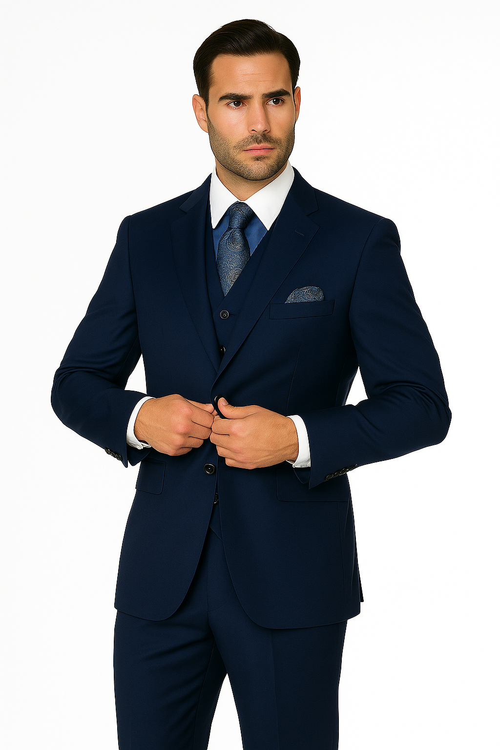 Mens Classic Fit Pleated Pant 2 Button Wool Suit in Indigo Blue - New Arrival - 38 Short Jacket+32 Waist Adjustable 28to34)(Height: 5 4 to5 7 )(Neck  15-16.5)S-M)
