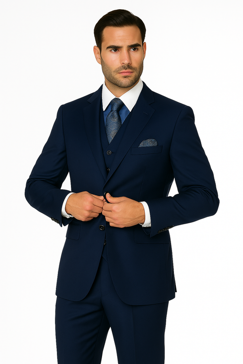 Mens Classic Fit Pleated Pant 2 Button Wool Suit in Indigo Blue - New Arrival