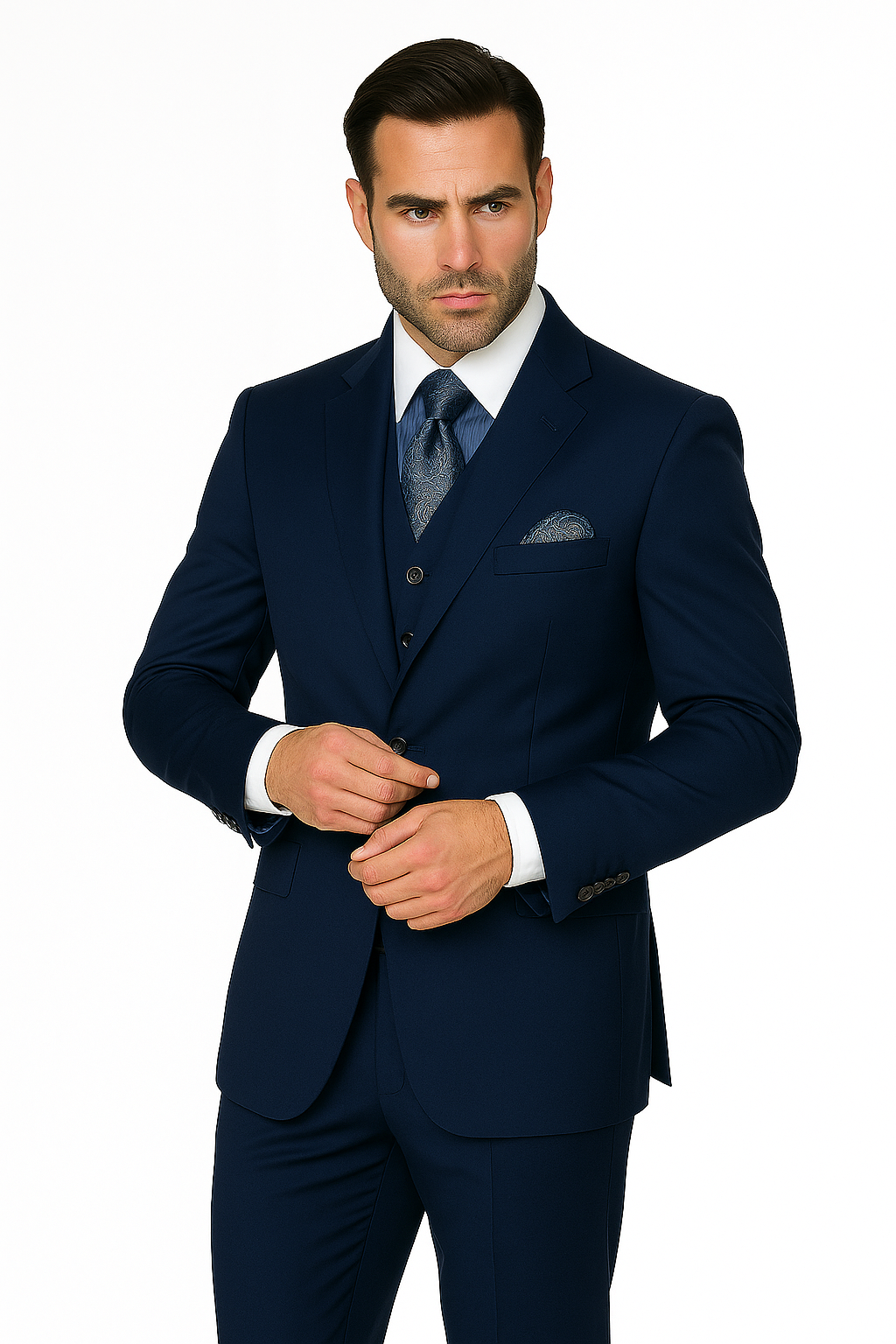 Mens Classic Fit Pleated Pant 2 Button Wool Suit in Indigo Blue - New Arrival - 38 Short Jacket+32 Waist Adjustable 28to34)(Height: 5 4 to5 7 )(Neck  15-16.5)S-M)