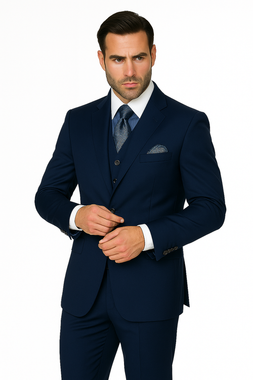 Mens Classic Fit Pleated Pant 2 Button Wool Suit in Indigo Blue - New Arrival