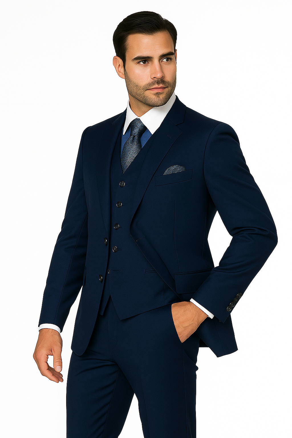 Mens Classic Fit Pleated Pant 2 Button Wool Suit in Indigo Blue - New Arrival - 38 Short Jacket+32 Waist Adjustable 28to34)(Height: 5 4 to5 7 )(Neck  15-16.5)S-M)
