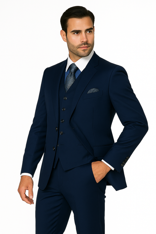 Mens Classic Fit Pleated Pant 2 Button Wool Suit in Indigo Blue - New Arrival
