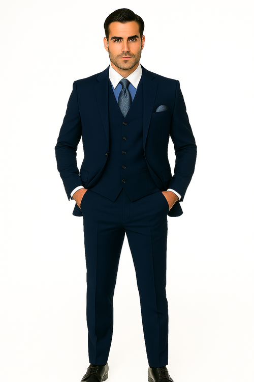 Mens Classic Fit Pleated Pant 2 Button Wool Suit in Indigo Blue - New Arrival