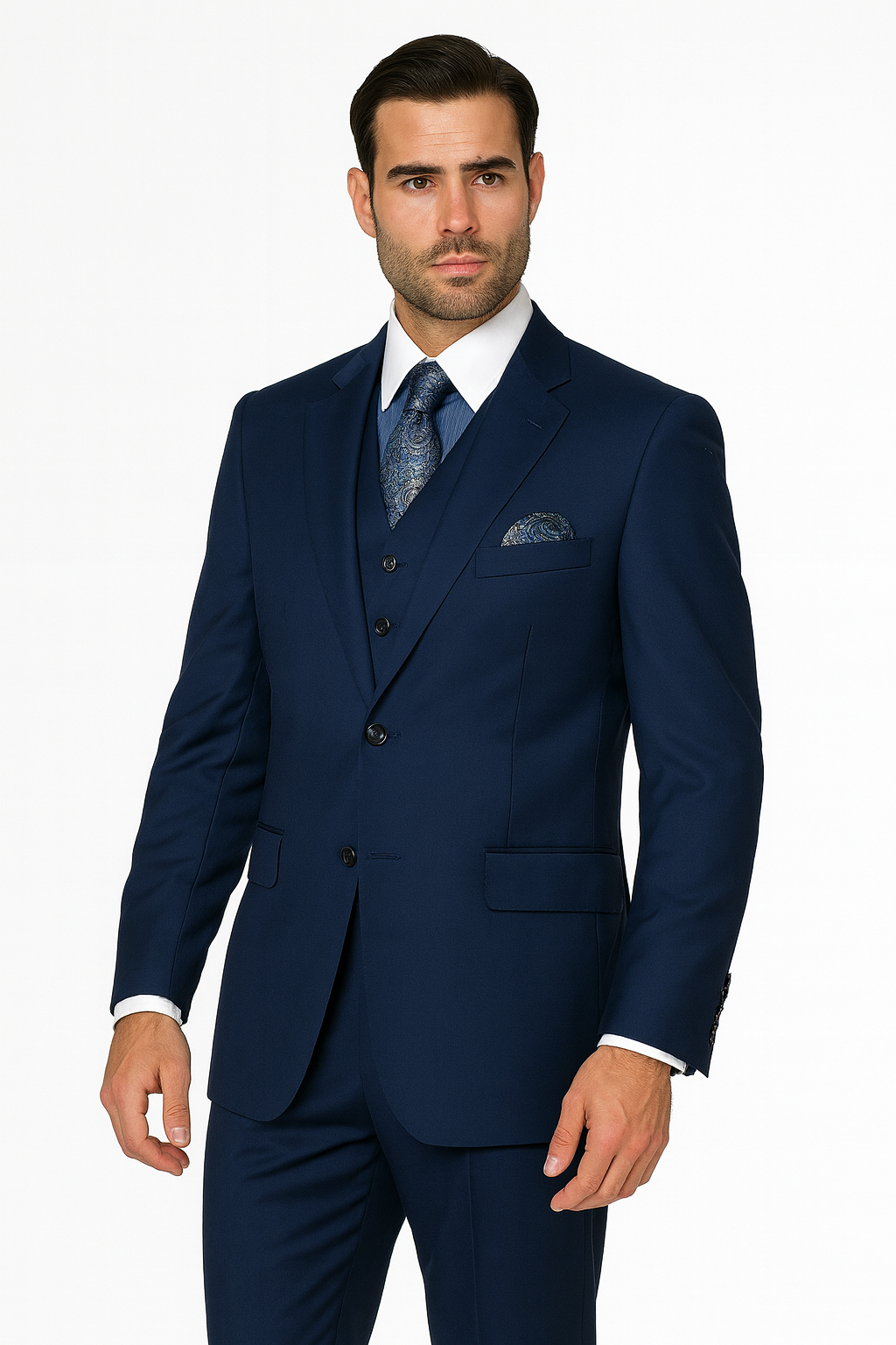 Mens Classic Fit Pleated Pant 2 Button Wool Suit in Indigo Blue - New Arrival - 38 Short Jacket+32 Waist Adjustable 28to34)(Height: 5 4 to5 7 )(Neck  15-16.5)S-M)