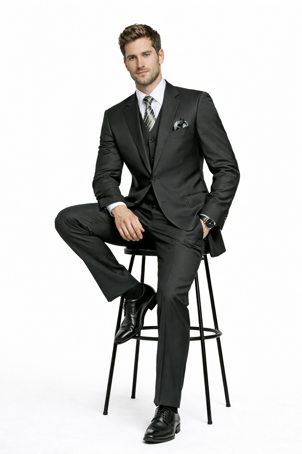 Mens Classic Fit Pleated Pant 2 Button Wool Suit in Olive Green