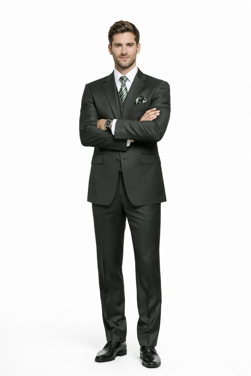 Mens Classic Fit Pleated Pant 2 Button Wool Suit in Olive Green