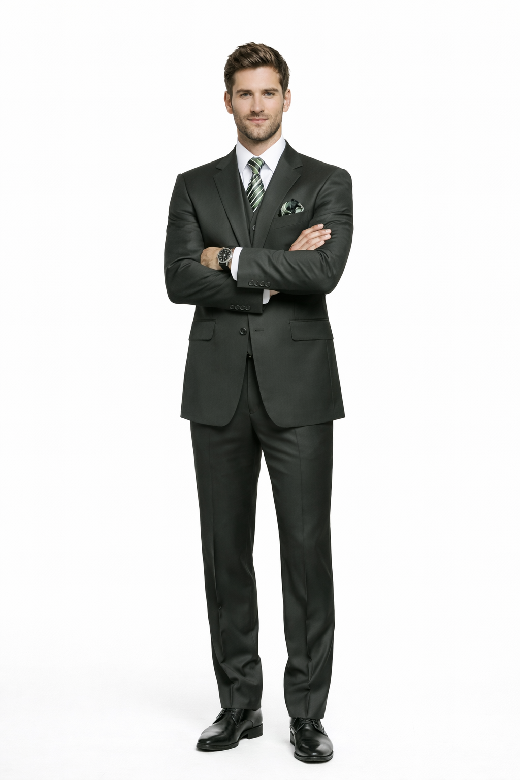 Mens Classic Fit Pleated Pant 2 Button Wool Suit in Olive Green
