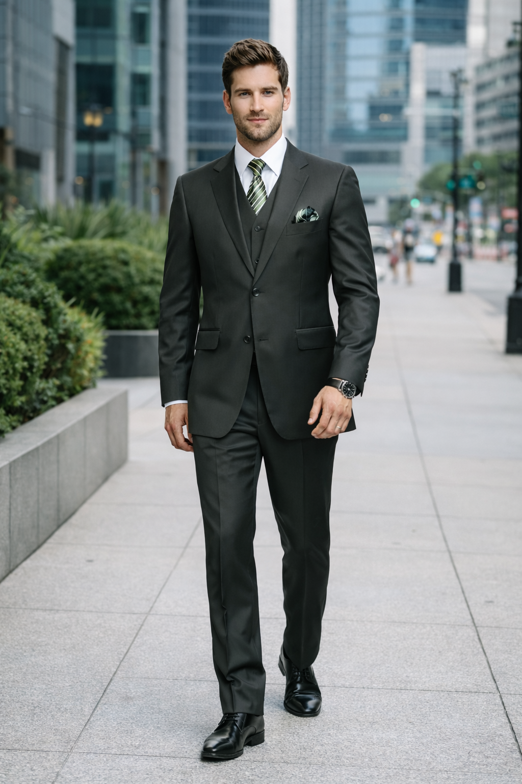 Mens Classic Fit Pleated Pant 2 Button Wool Suit in Olive Green