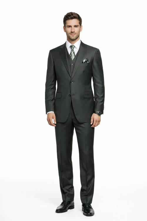 Mens Classic Fit Pleated Pant 2 Button Wool Suit in Olive Green