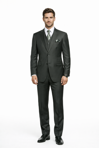 Mens Classic Fit Pleated Pant 2 Button Wool Suit in Olive Green