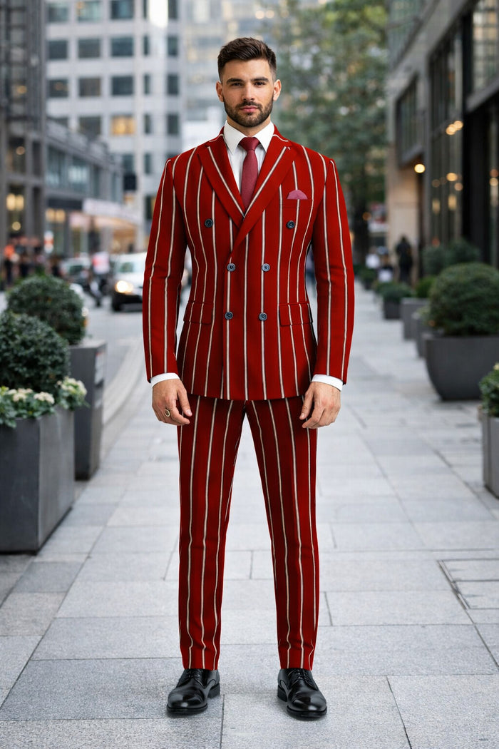 Burgundy Pinstripe Suit - Mens 1920s Gangster Pinstripe Suit - Lapel Chalk Pinstripe Red