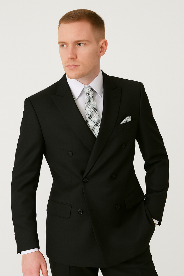 Mens Classic Wool Double Breasted Suit in Black