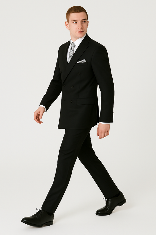 Mens Classic Wool Double Breasted Suit in Black