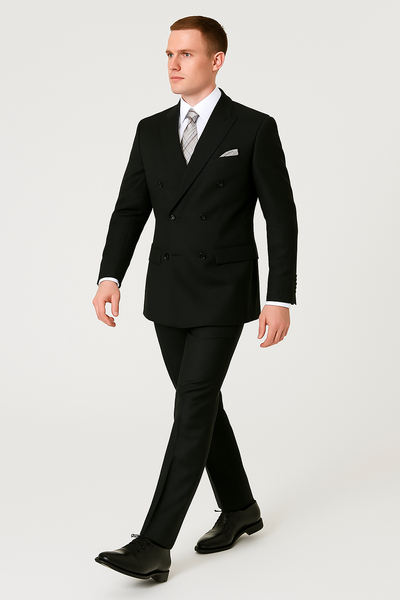 Mens Classic Wool Double Breasted Suit in Black