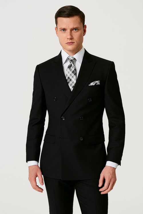 Mens Classic Wool Double Breasted Suit in Black