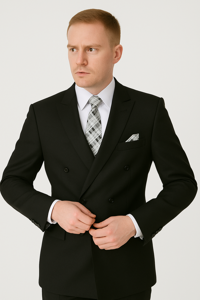 Mens Classic Wool Double Breasted Suit in Black