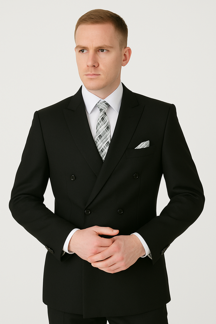 Mens Classic Wool Double Breasted Suit in Black