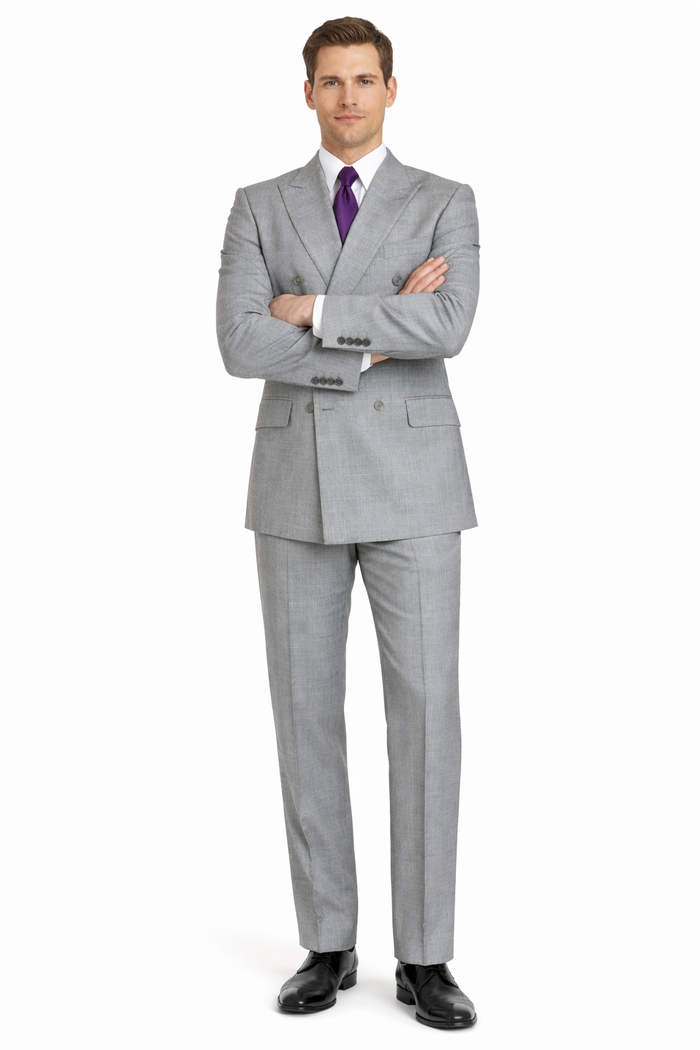 Mens Classic Wool Feel Double Breasted Glen Plaid Suit in Grey-New Designer Collection