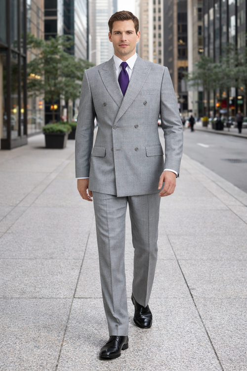 Mens Classic Wool Feel Double Breasted Glen Plaid Suit in Grey-New Designer Collection