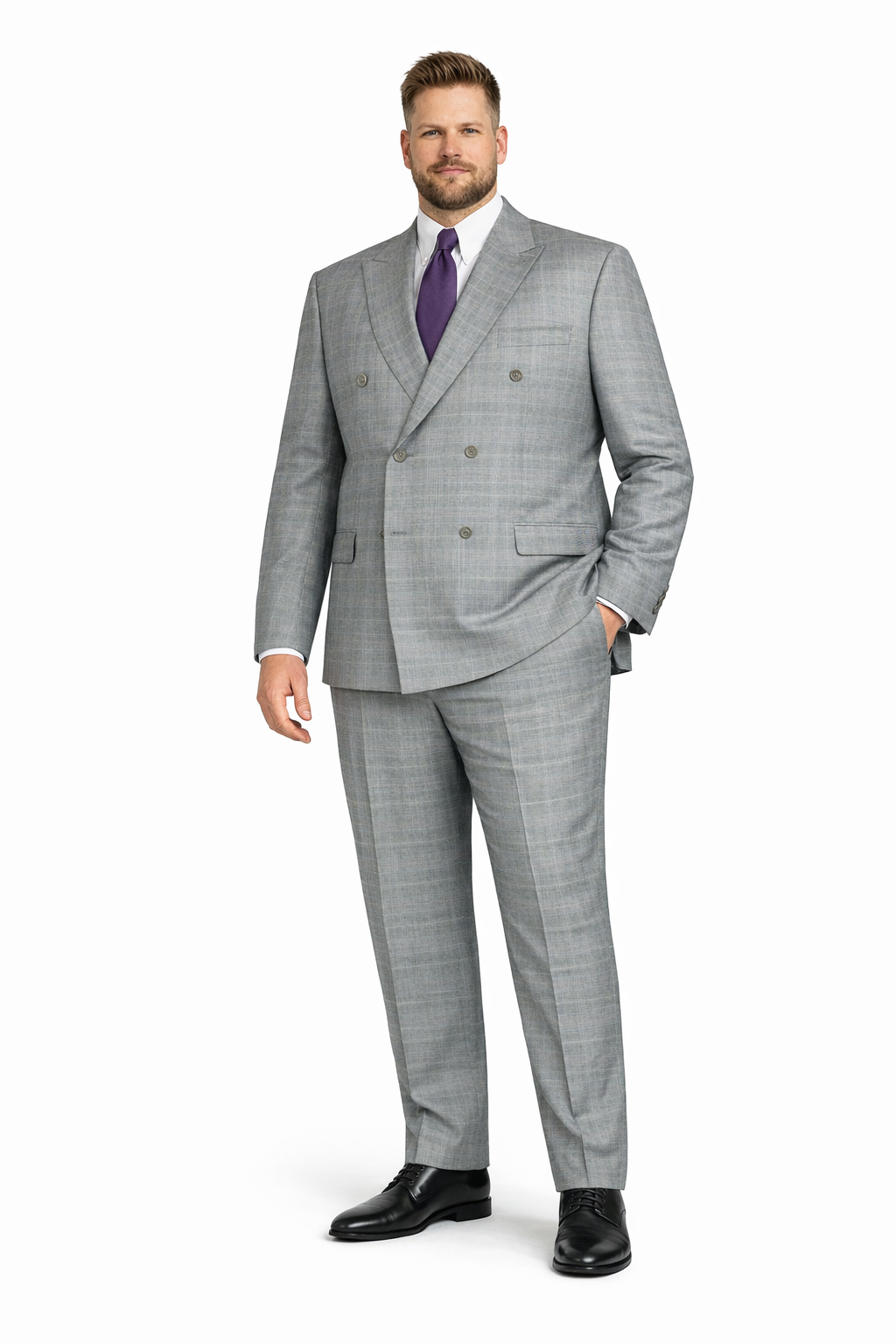 Mens Classic Wool Feel Double Breasted Glen Plaid Suit in Grey-New Designer Collection - 36 Short