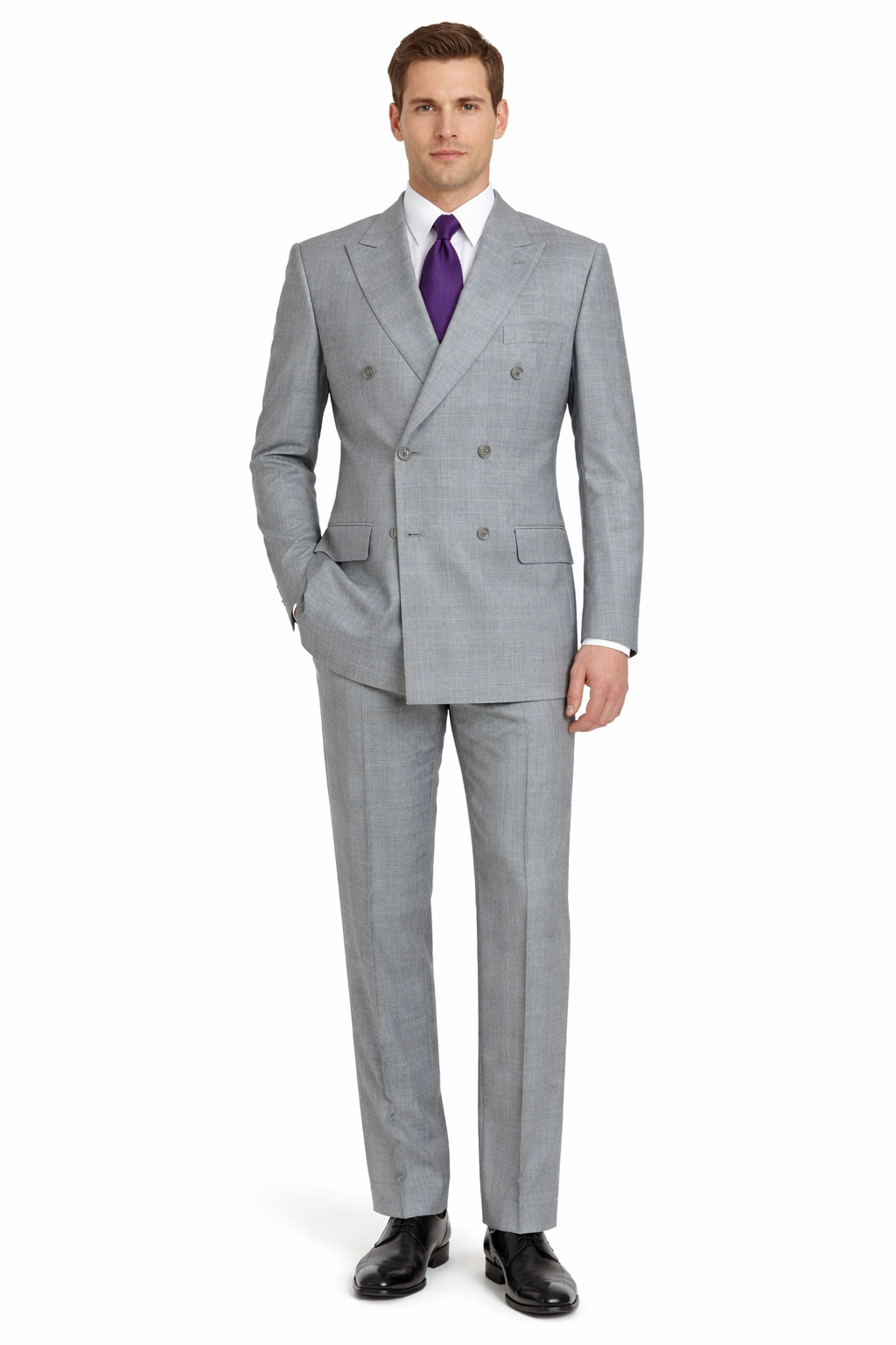 Mens Classic Wool Feel Double Breasted Glen Plaid Suit in Grey-New Designer Collection - 36 Short