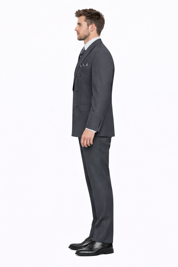 Mens Classic Wool Feel Double Breasted Suit in Heather Grey