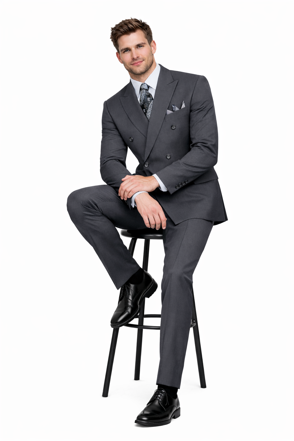 Mens Classic Wool Feel Double Breasted Suit in Heather Grey