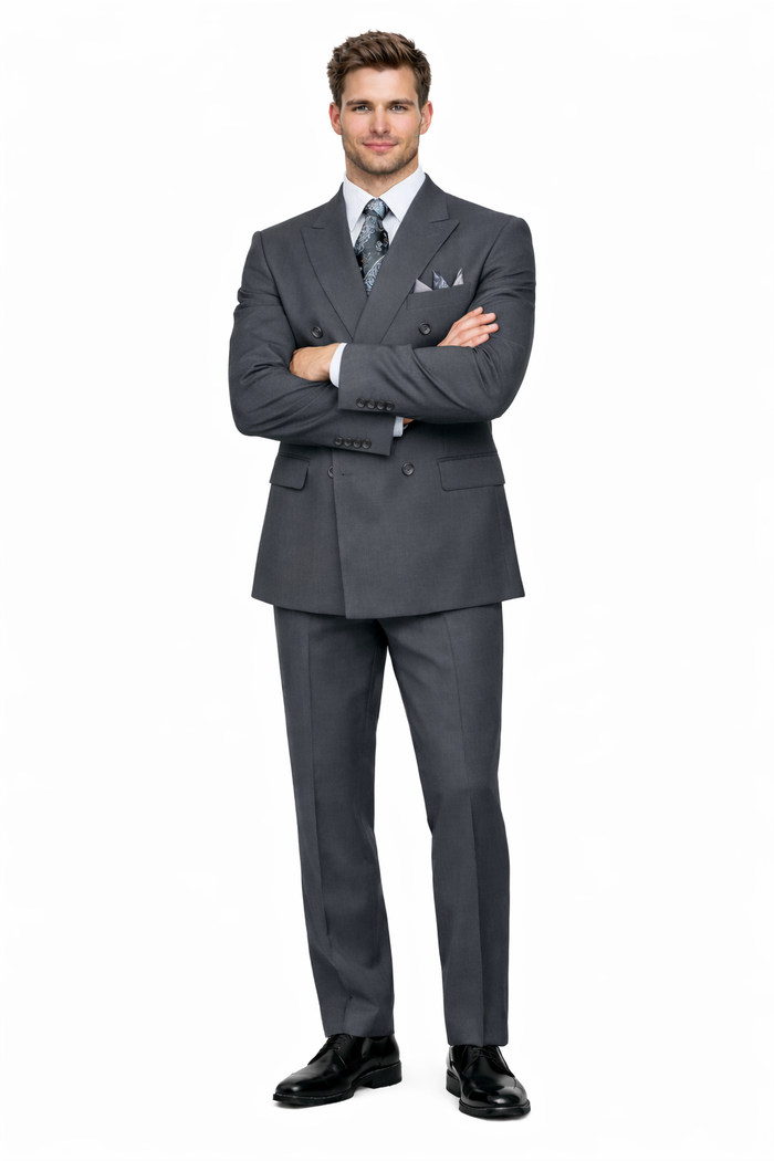 Mens Classic Wool Feel Double Breasted Suit in Heather Grey