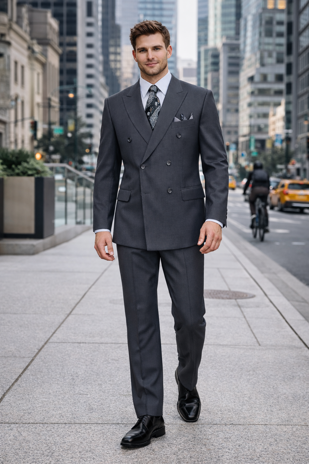 Mens Classic Wool Feel Double Breasted Suit in Heather Grey