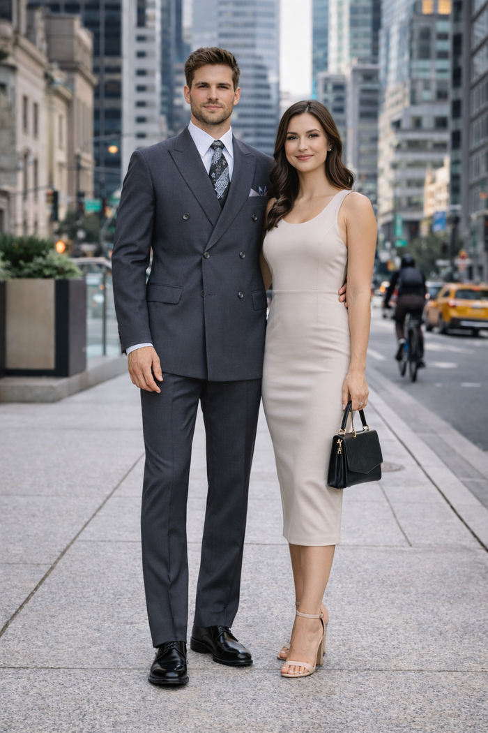 Mens Classic Wool Feel Double Breasted Suit in Heather Grey