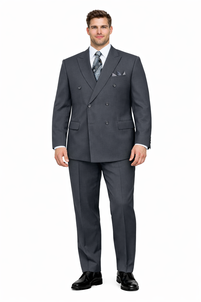 Mens Classic Wool Feel Double Breasted Suit in Heather Grey