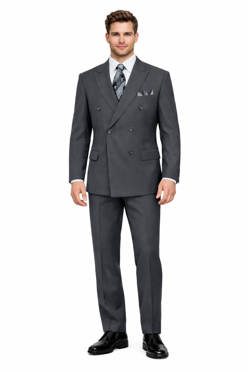 Mens Classic Wool Feel Double Breasted Suit in Heather Grey