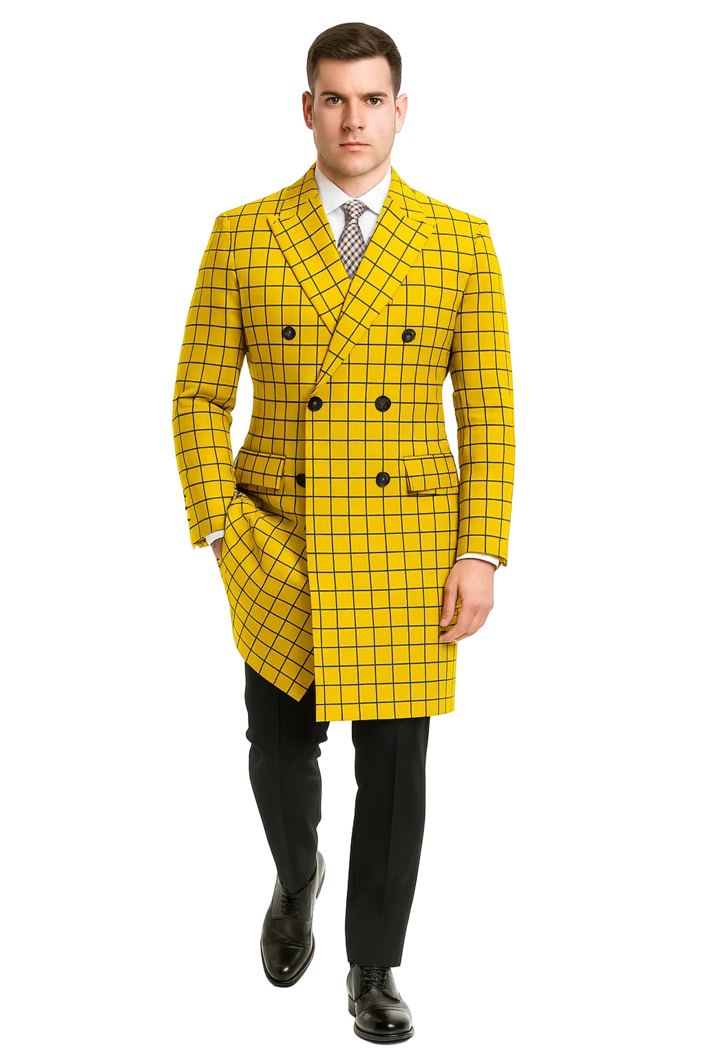 Mens Plaid Overcoat - Wool Peacoat - Plaid Topcoats Yellow