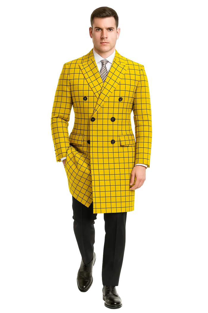 Mens Plaid Overcoat - Wool Peacoat - Plaid Topcoats Yellow