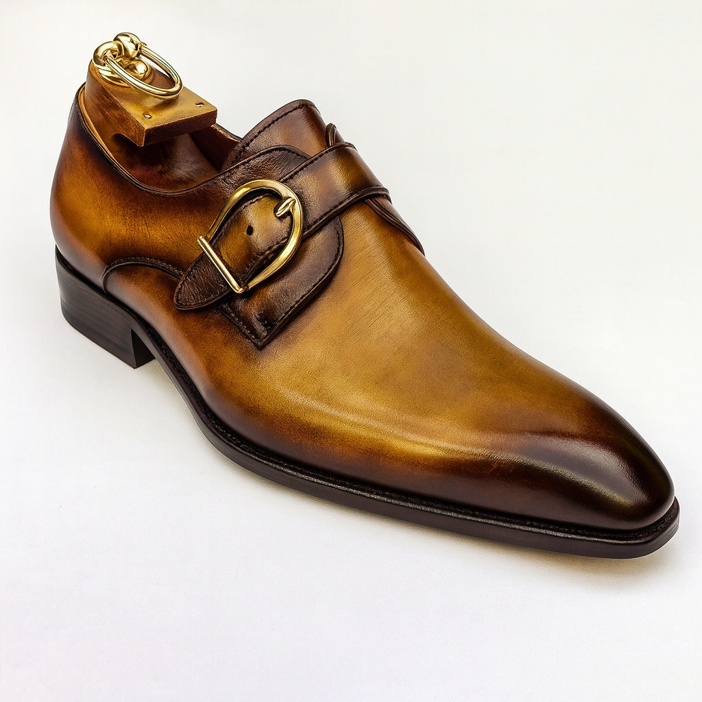 Mens Carrucci Classic Leather Fade Single D-Buckle Monk Strap Dress Shoe in Chestnut - 7